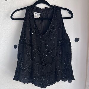 Black Beaded V-Neck Women's Top